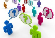 Many colorful people stand in a crowd thinking of questions