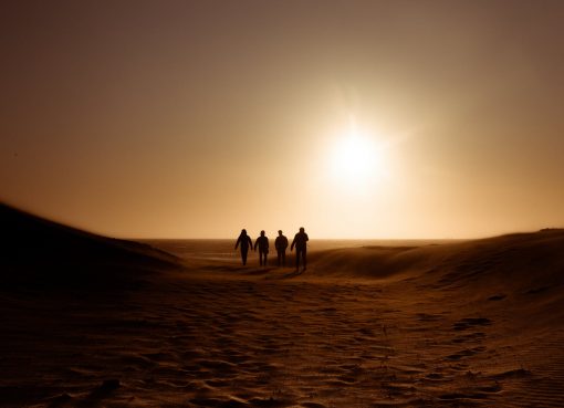silhouette of people walking on sand dune