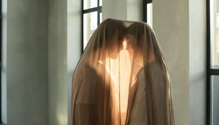 couple covered in sheer fabric