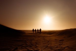 silhouette of people walking on sand dune